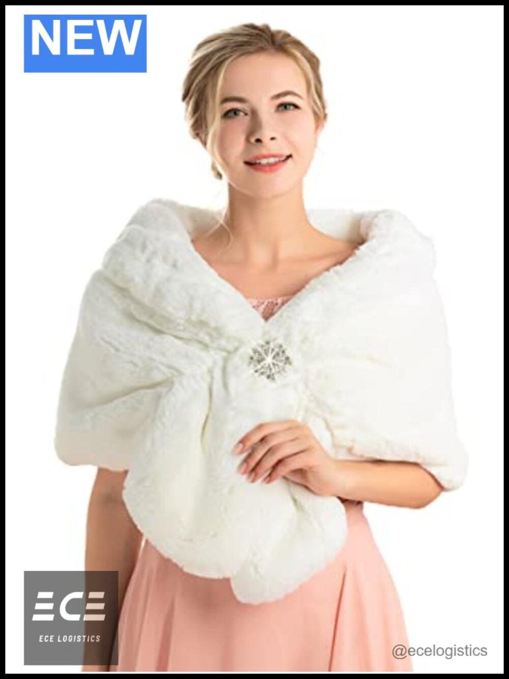 Faux Fur Wedding Shawl Wrap with Brooch Satin Winter Bridal Shrug Stole